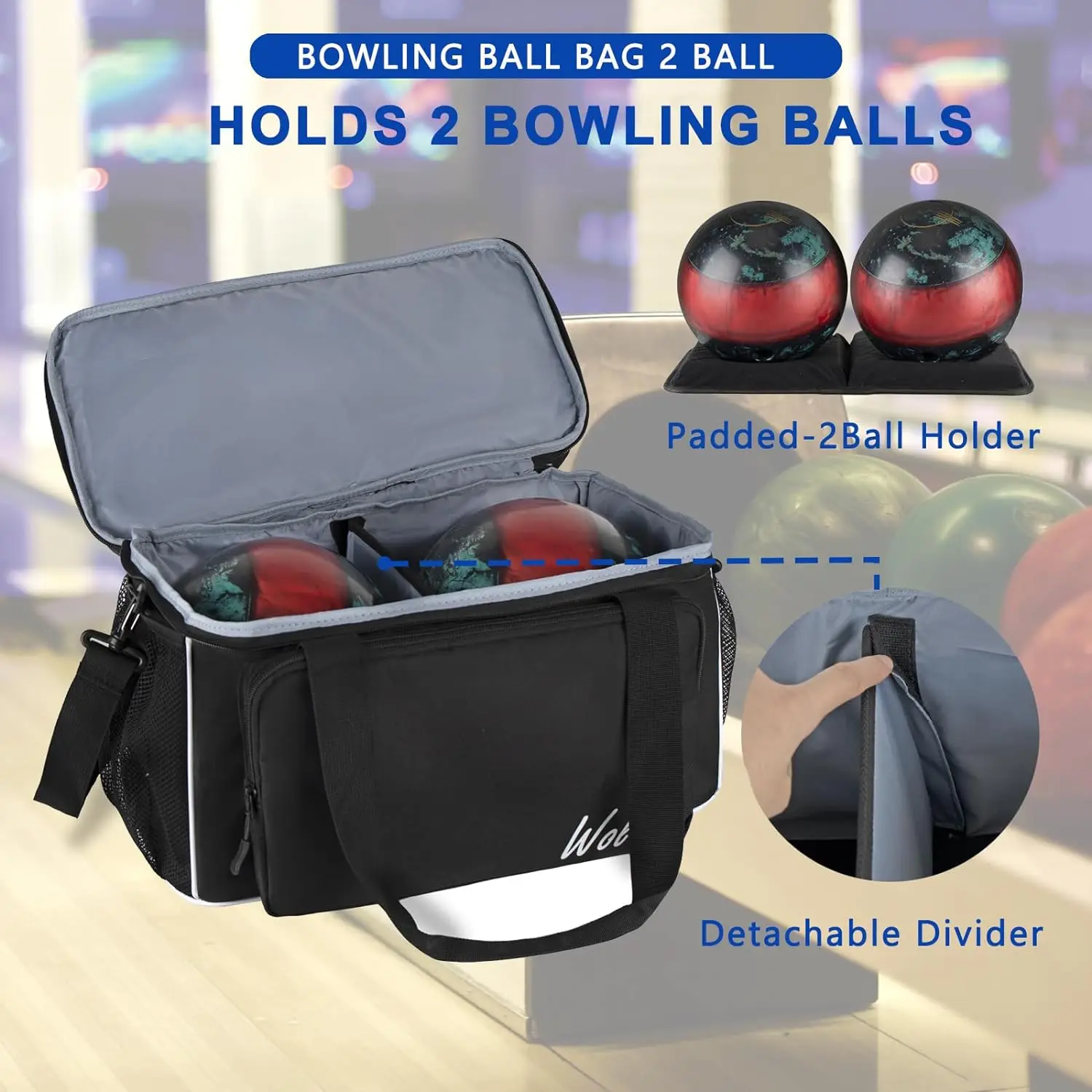 WOLT Bowling Ball Bag for 2 Balls with Padded Ball Holder- Fits Bowling Shoes bowling accessories