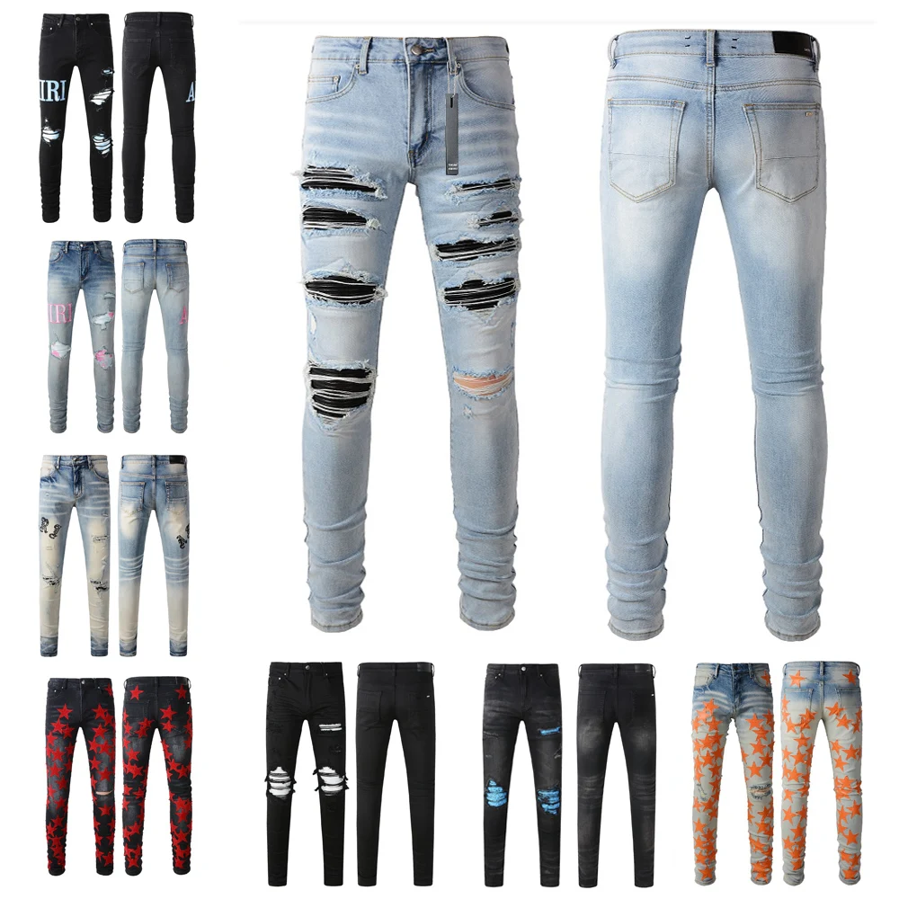 Designer jean Amiry mens trousers biker embroidery ripped for trend cotton fashion jeans men slim pants black hip purple jeans
