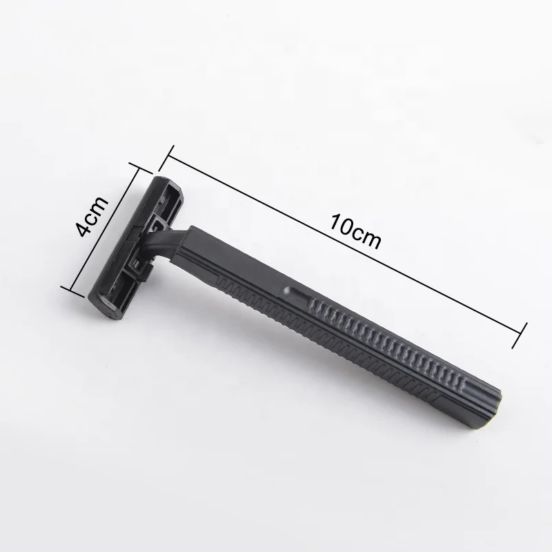 Cheap razor is black color plastic handle and shaving blades stainless steel shaver on blade.