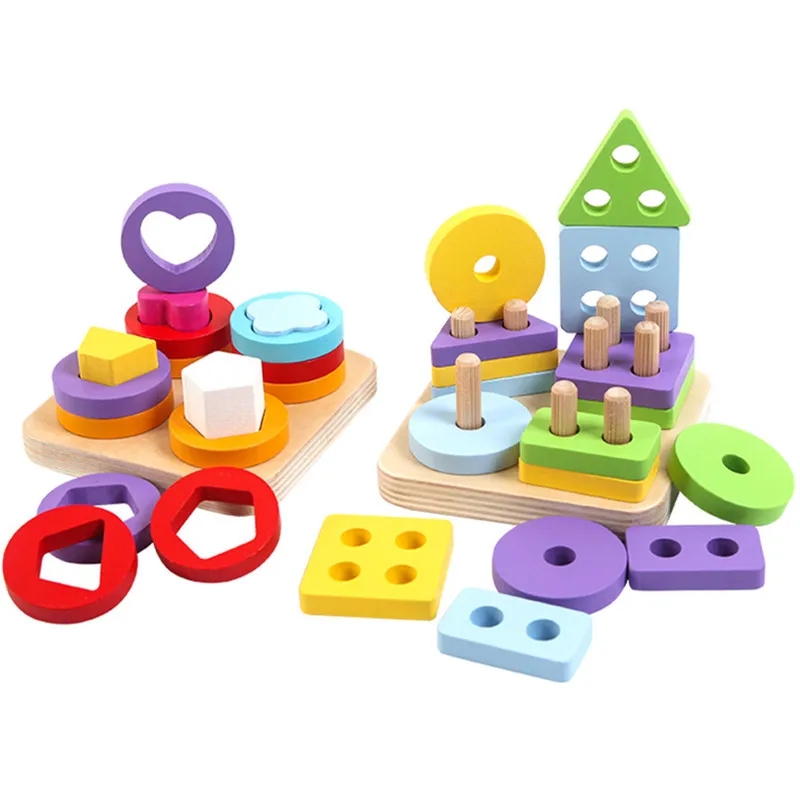 Montessori Educational Wooden Toys Colorful Intelligence Geometric Shapes Matching Toys Exercise Hands-on Ability for Kids