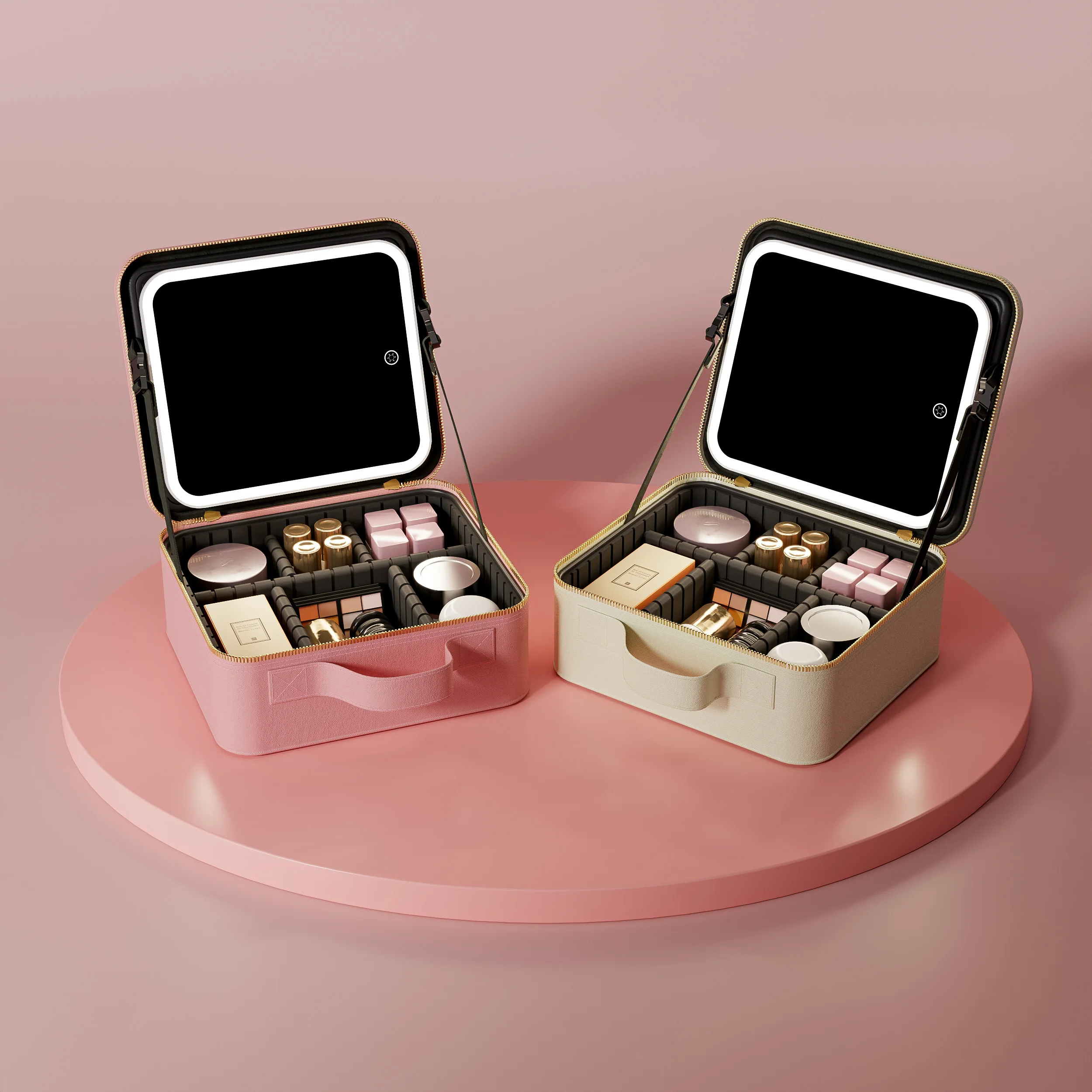 Wholesale Custom Logo Pink Vanity Pu Leather Box Make Up Organizer Travel Makeup Bag Case With Led Light Mirror