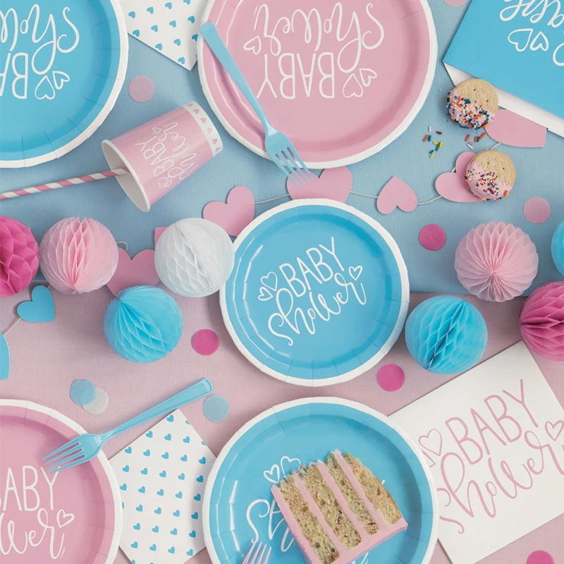 2024 New Fashion Pink Blue Paper Set Decoration Baby Shower Tableware Plates and Napkins Baby Girl or Boy Decorations