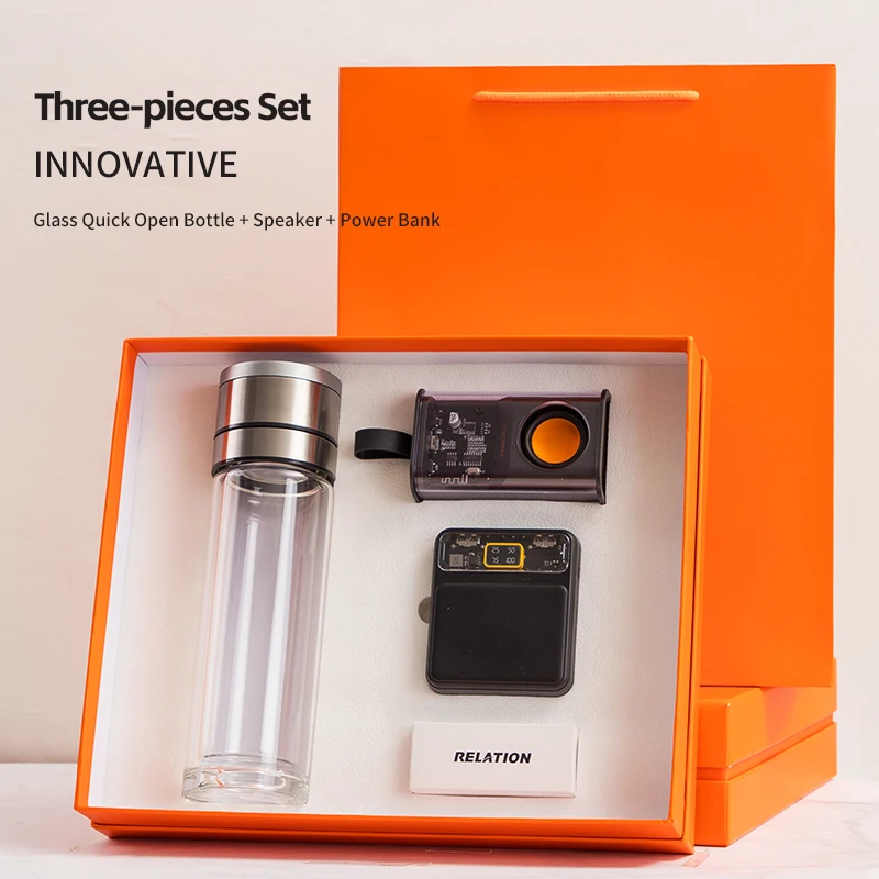 Business Vip Client Glass flask  bluetooth speaker  power bank 3 Pieces in 1 corporate Gift Set
