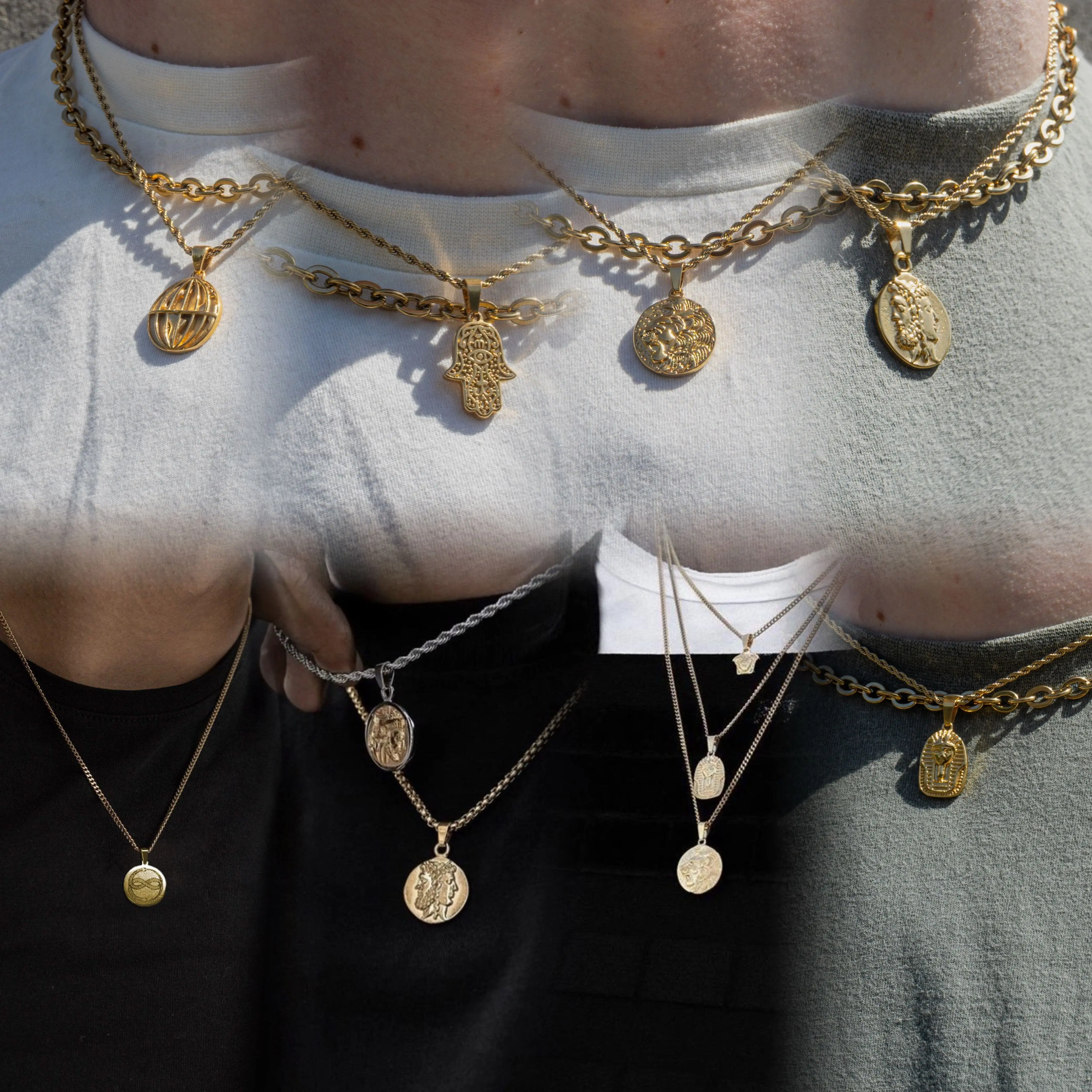 Custom Jewelry Manufacturer Statement Judah Lion Pendant PVD 18k Gold Zeus Coin Hamsa Pendant Necklace King Tut Layered Necklace