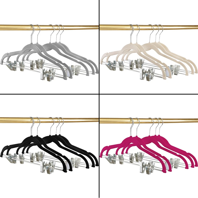 Wholesale Custom Silvery Hook 16.7inch Non Slip Black Grey Velvet Coat Hangers With Adjustable Metal Clips for pants clothes