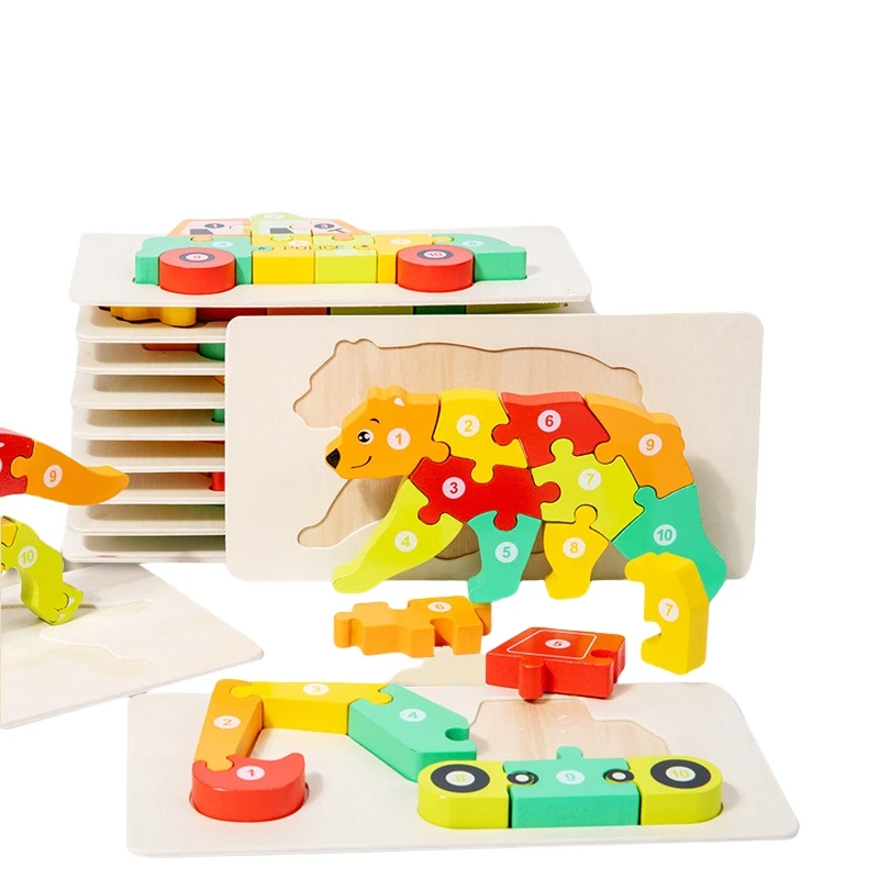 Best Selling Montessori Educational Toy for Children 3D Cartoon Jigsaw Puzzle Board Wooden Blocks for Infant Baby Early Learning