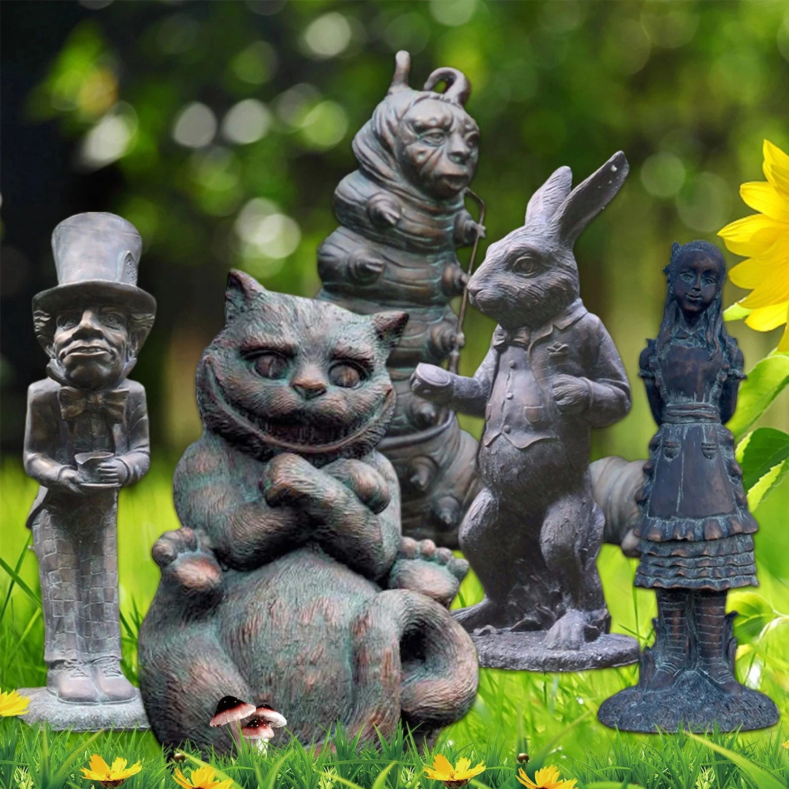 Resin Wonderland Ornament Garden Sculpture Alice Figurine Play Set Bunny Statue Wonderland Garden Decorations