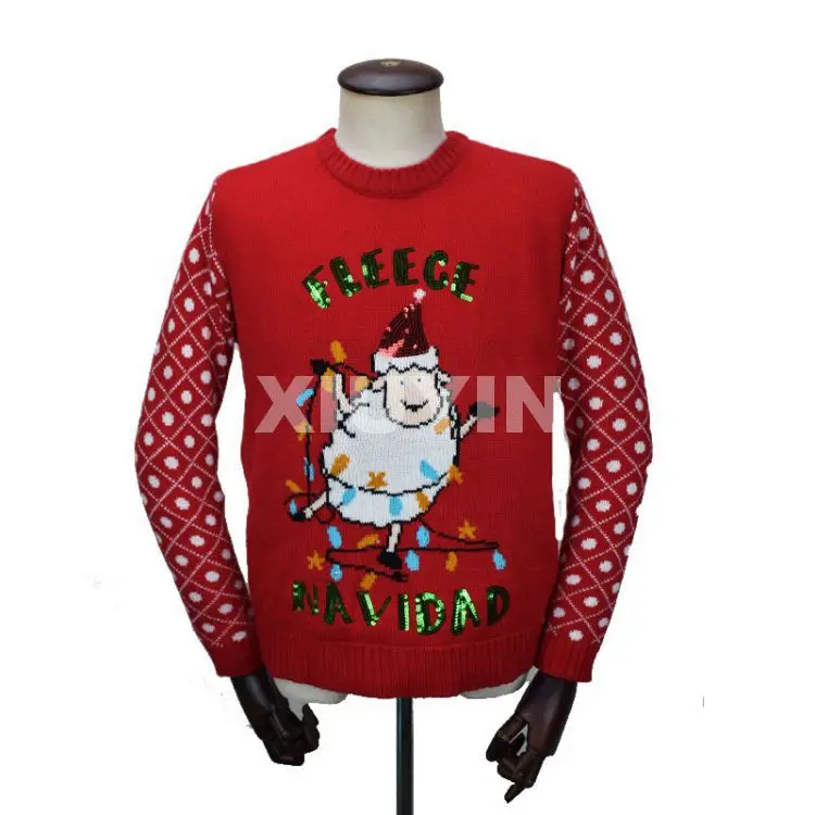 Led lights Ugly Christmas knit sweater  sequin embroidery Jacquard and winter   pullover with decorations of pompom , fur
