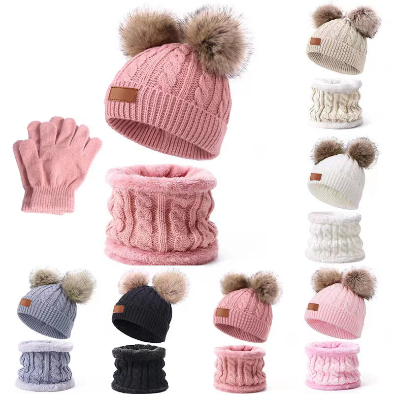 Custom logo baby kids hat gloves collar scarf set faux fur pom pom winter knitted beanie hats