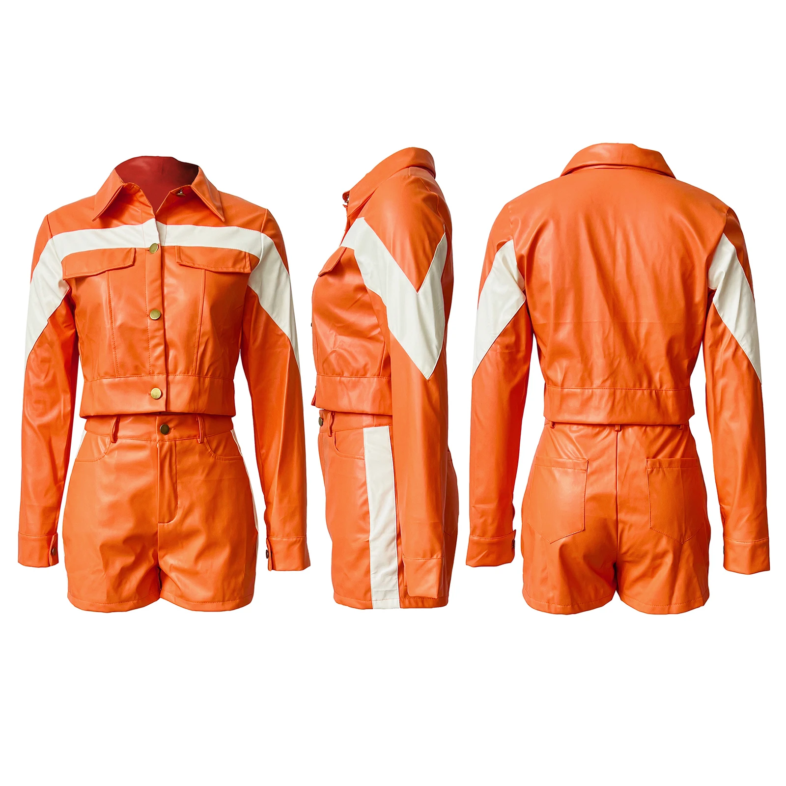 2023 New arrival leather jacket women shorts set women clothing Long Sleeve Patchwork leather 2 piece sets with jacket