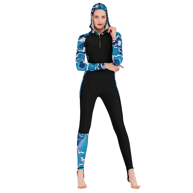Women Full Body Stinger Suit Sun Protection Chlorine Resistant UPF 50+ Printed Swimsuit One Piece Swimwear with Hood