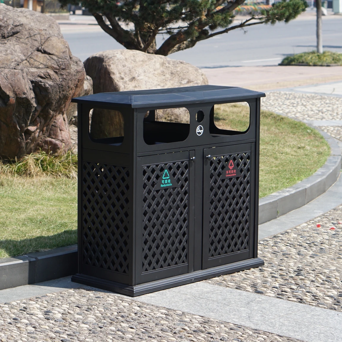 Cast Aluminum litter bin for garden outdoor trash can with ashtray single metal bin for street garbage bin