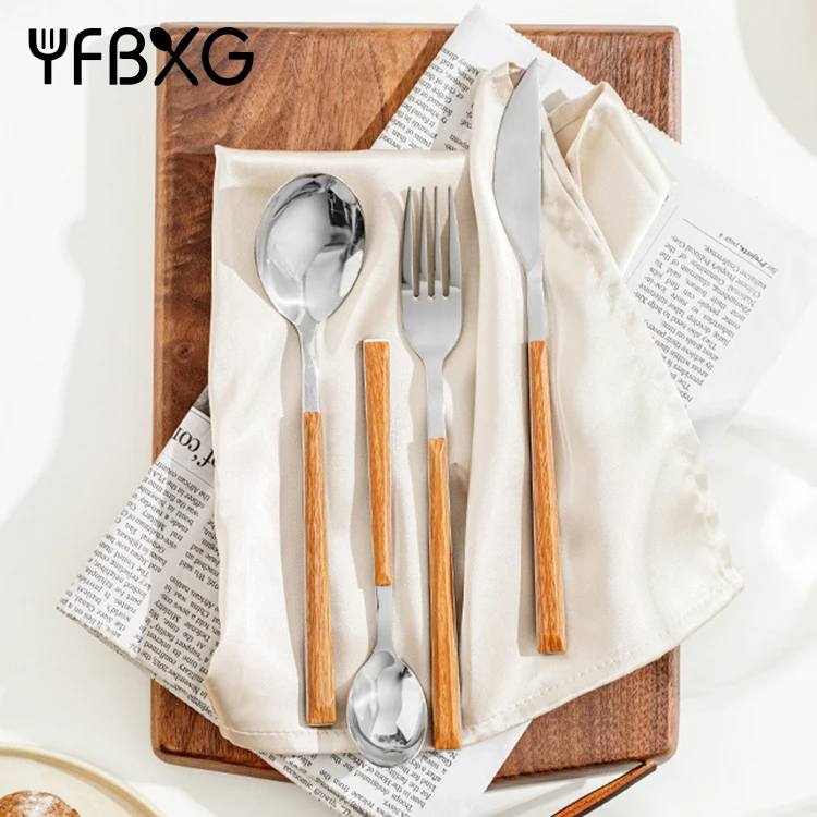 Western High Quality Stainless Steel Silverware Knife Fork and Spoon ABS Plastic Wooden Handle Flatware Cutlery Set Restaurant