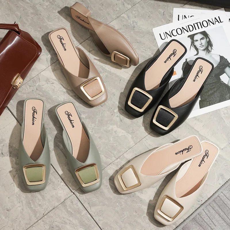 Женские сандалии на плоской подошве с металлической пряжкой, поступление 2021, Уличная Повседневная летняя обувь для отдыха, женские сандалии и тапочки