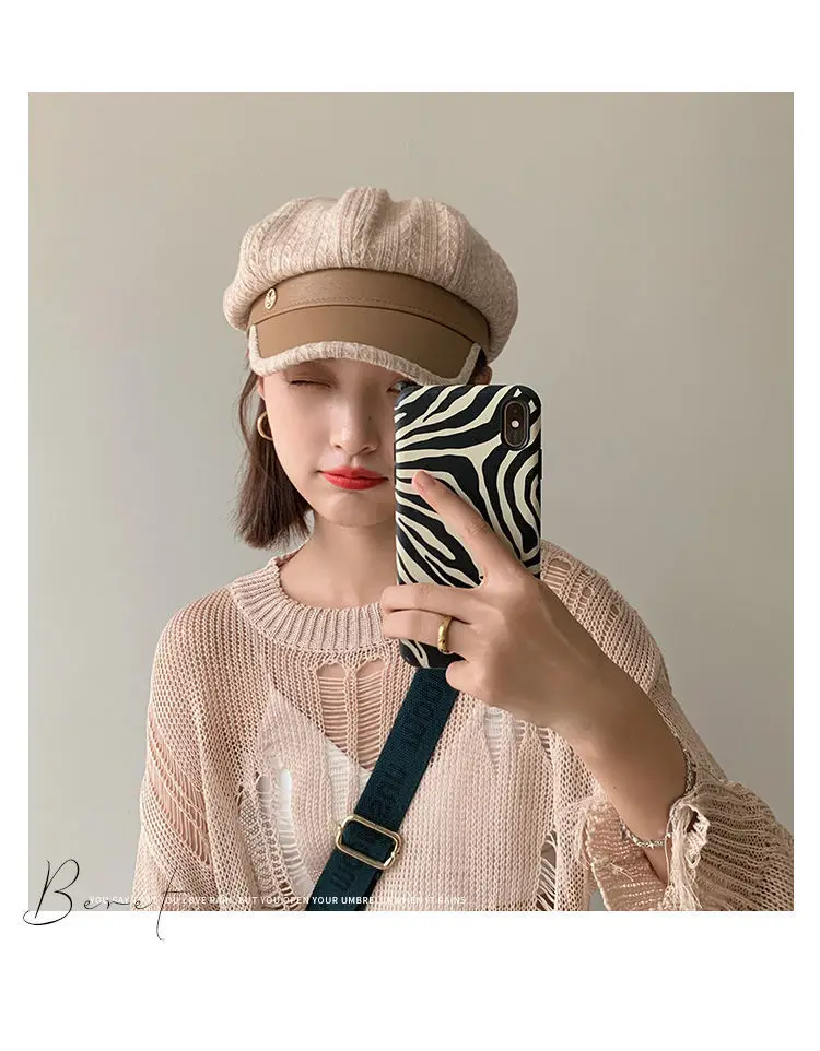 PU leather beret children fall and winter trend of British retro letters striped octagonal hat Arts and Culture painter hat