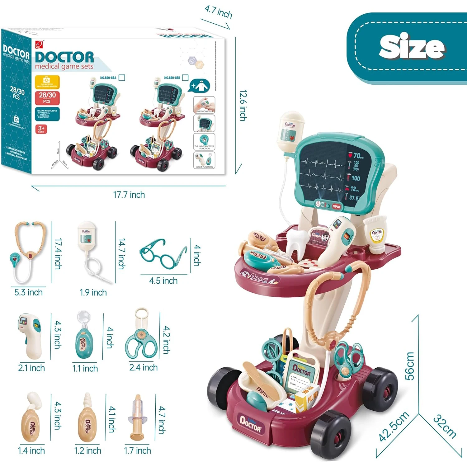 Doctor Set Pretend Play Educational Toys for Kids Dentist Vet Medical Mobile Cart with Sound Light Xray Stethoscope