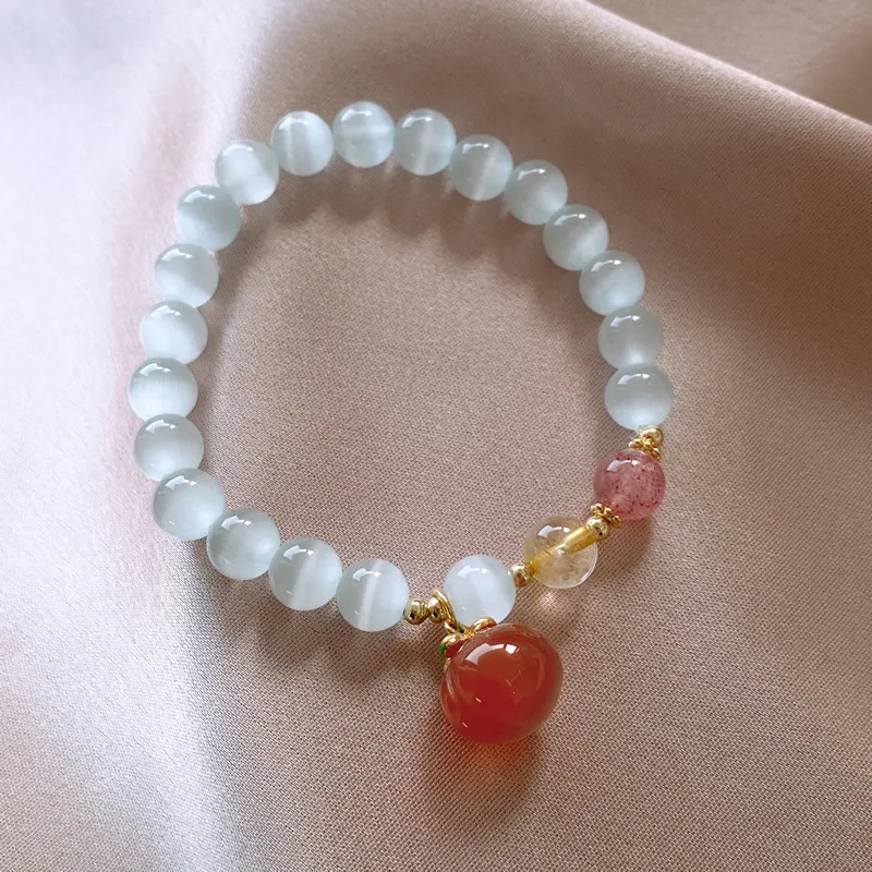 2022 New Elegant Opal Clang Pink Peach Bracelet with Round Beads Sweet Hand Accessories for Women