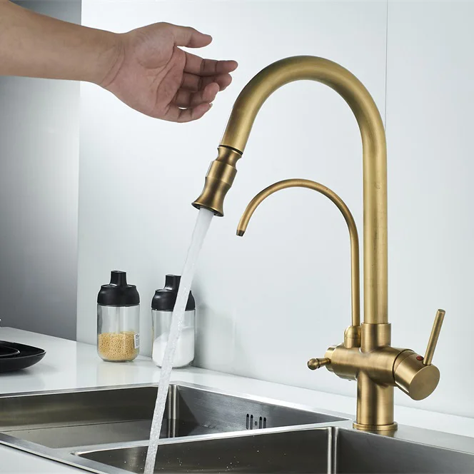 Antique Pull-Out Touch Free With Sensor Kitchen Faucet Hot And Cold Sink Full Copper Retractable Mixer Tap Retro XiRi-8871