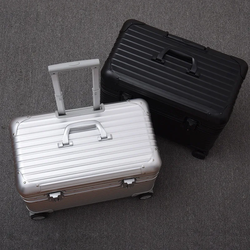 Pilot luggage bag custom logo trolley on wheels aluminium alloy suitcase 18 inch boarding box