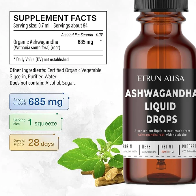 ETRUN Private label Organic Vegan Ashwagandha ksm 66 Liquid Extract Mood Support Supplement Alcohol-Free Daily Drops