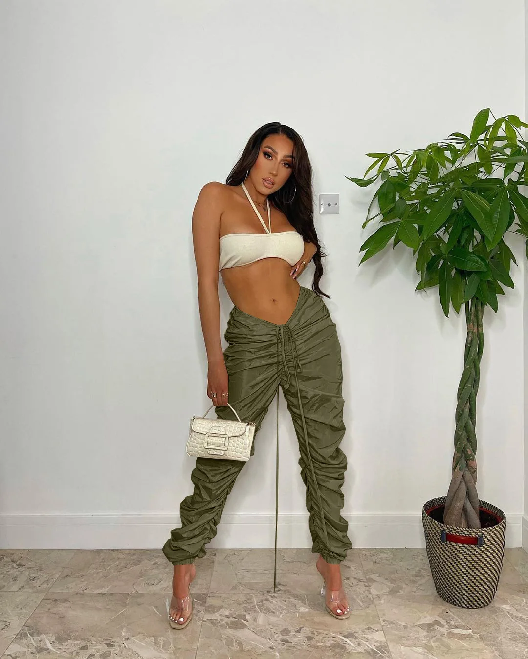 New Design Pure Color High Quality Fabric Cargo Pants Pleated Drawstring Casual Trousers