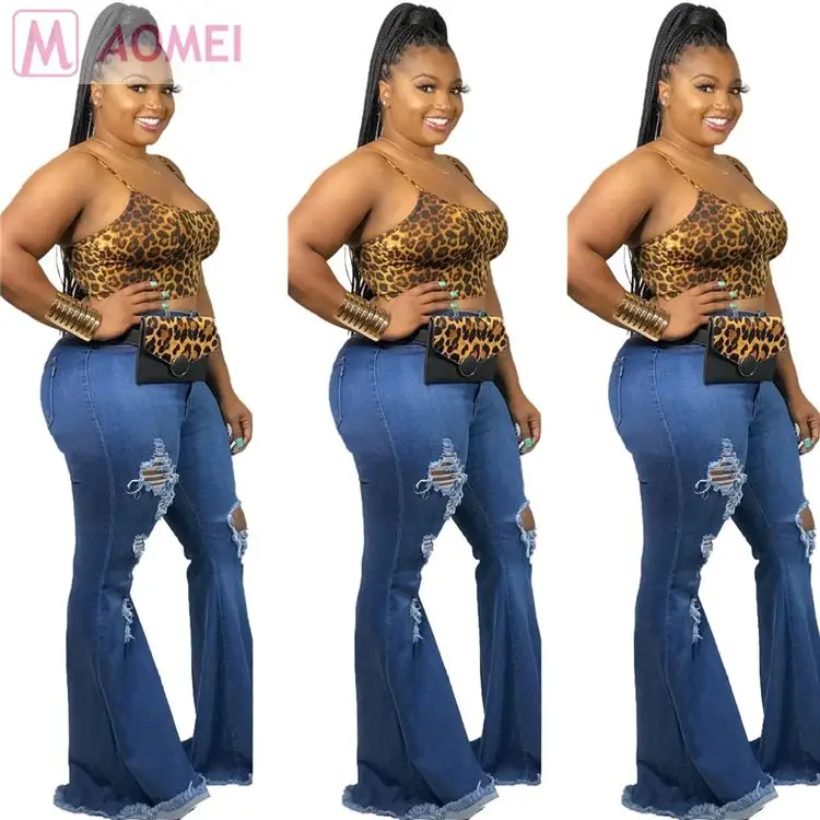 
S7019 casual fashion denim fabric washed ripped flared High Waist Women Jeans Pants 