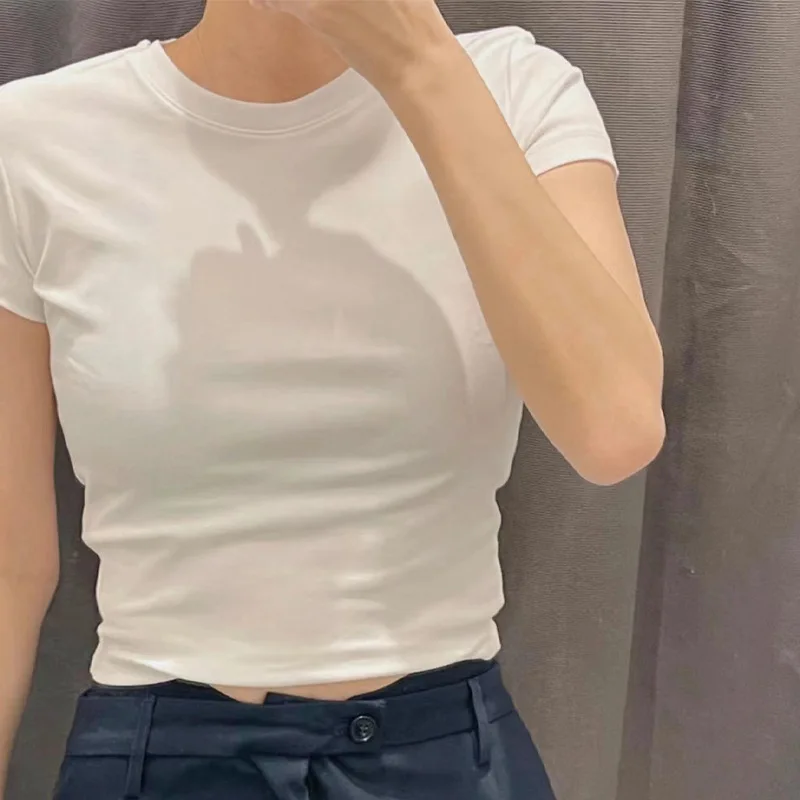 Customized Solid Color T-shirt Short-sleeved Cotton Women Design Sense Slim Tight Short Sexy Fashion Hot Girl Tops T-shirt D7