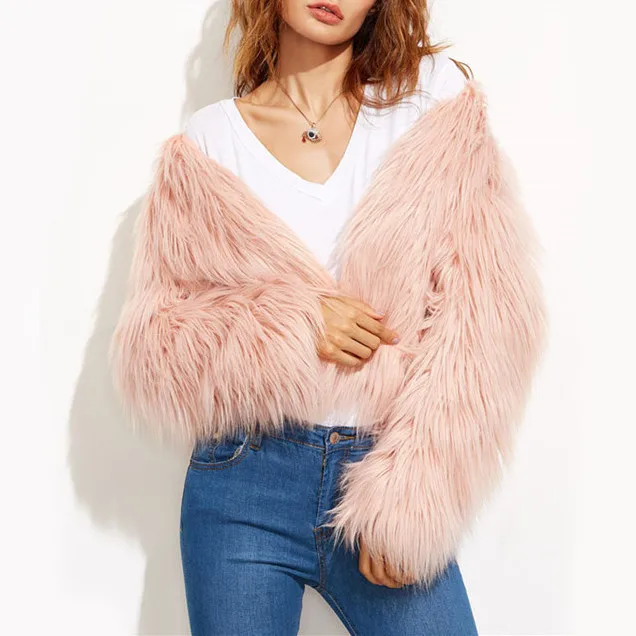 2023 Fashion Plush Beach Wool Coat Long Hair Faux Fur Short Jackets Mongolian Fur Coats Pink Color Fur Jacket Women