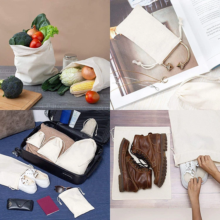 Custom Eco Friendly Organic Muslin Cotton Pouch Promotional Small White Calico Cloth Canvas Drawstring Bag With Logo Printed