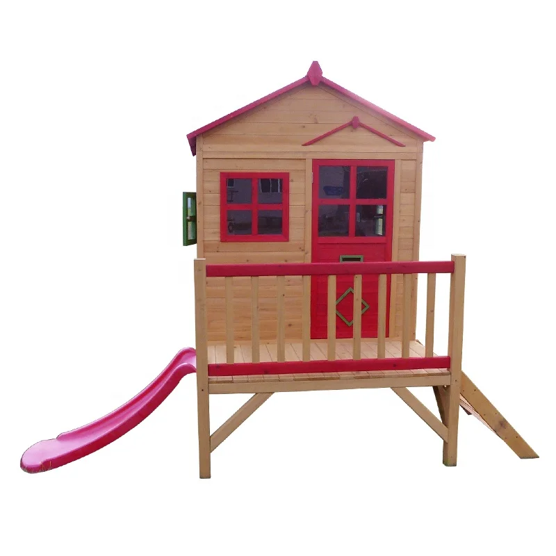 wooden kids outdoor playhouse with slide and stair