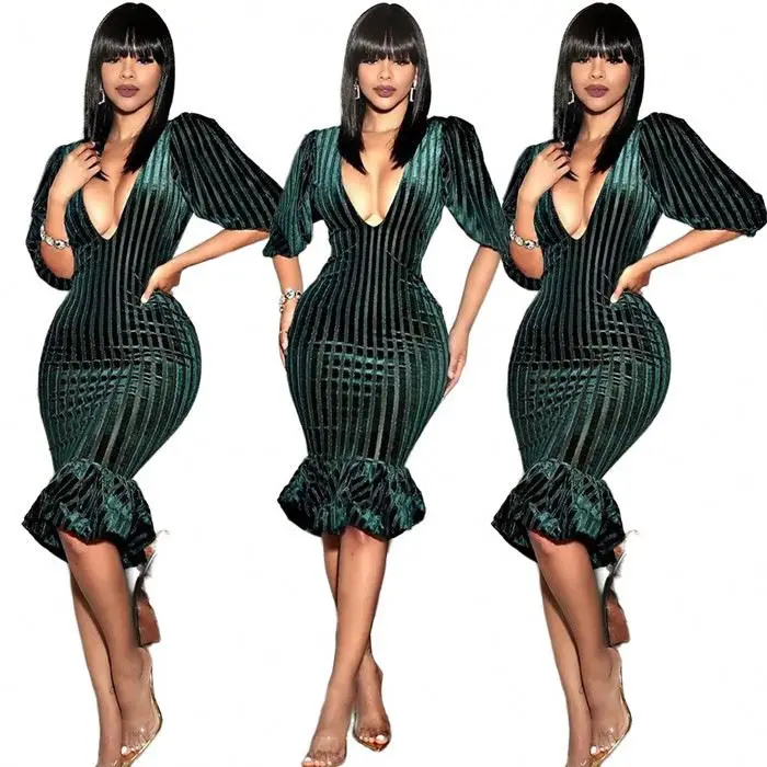 M1822-vintage fashion puff sleeve v neck evening dress 2022 elegant dresses