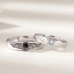 2Pcs/Set Angel and Demon Wings Couple Ring Open Adjustable Diamond Finger Rings Wedding Knuckle Ring Set for Women Men Lovers