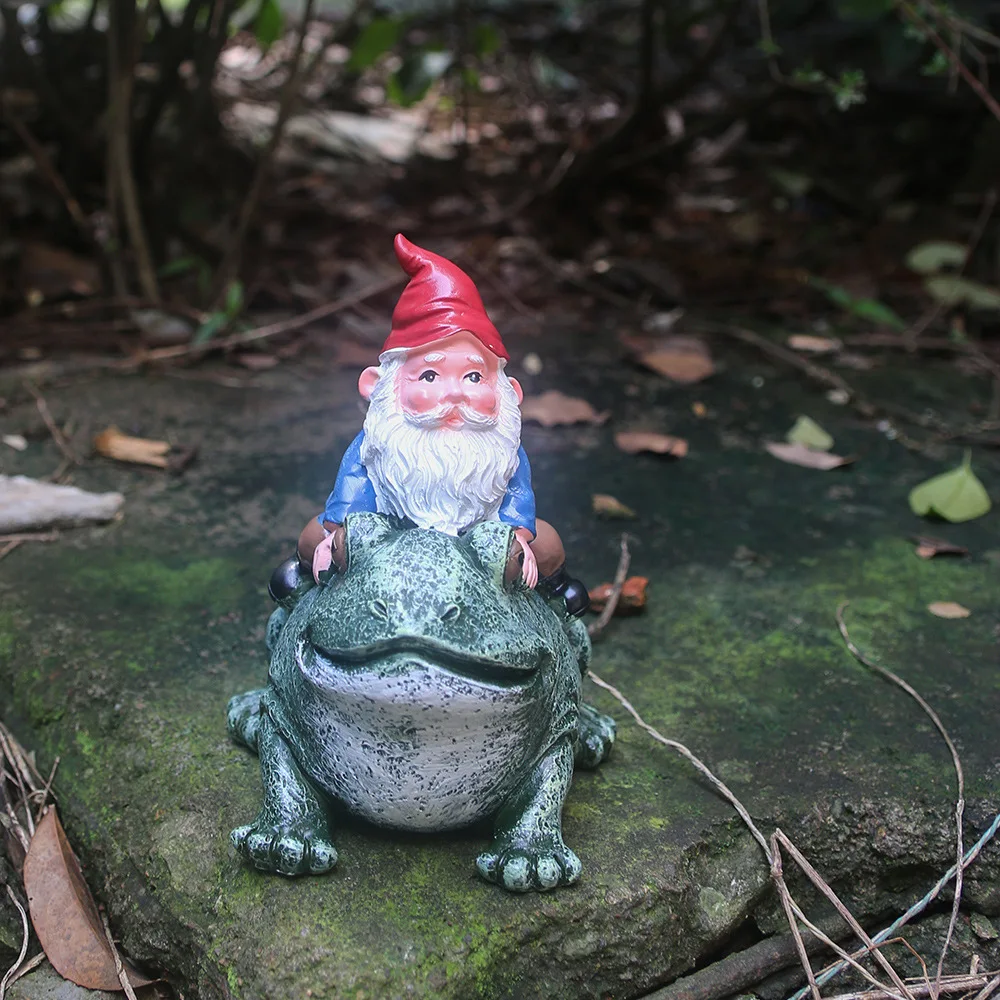 
Dropshipping Garden Figurines Outdoor Decoration Yard Sculpture Resin Gnome Sitting On Frog Statue 