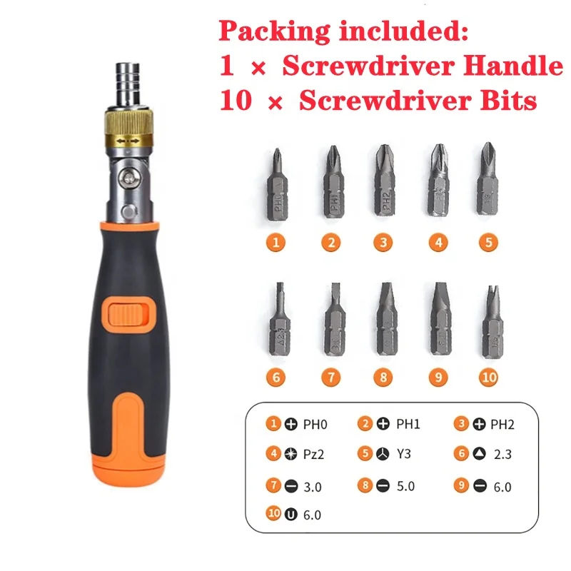 Two-Way Ratchet Screwdriver With 10 Bits Multi-Angle Ratcheting Screwdriver Set Household Tool Set (Custom Logo Packaging Accept