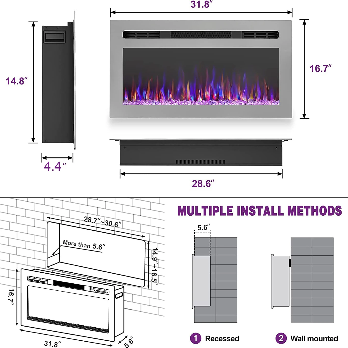 31-Inch Realistic Flame Electric Fireplace Heater Wall Mounted Log Set TV Stand Remote Control for Household Use