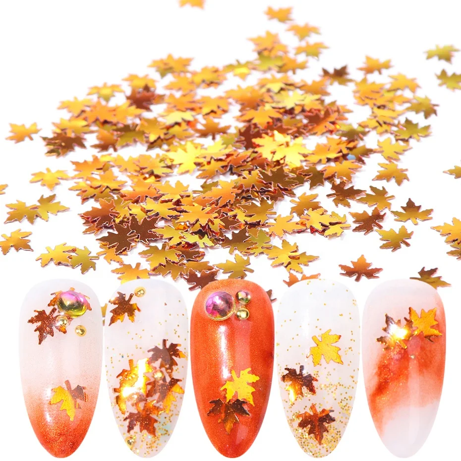 1 Box Flakes Paillettes Designs Manicure Nails Glitter Autumn Decorations Fall Leaf Nail Art Sequins Gold Maple Leaves