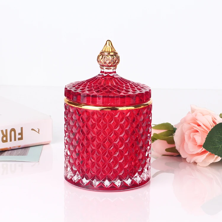 Luxury Diamond Geo Cut Glass Candle Jar Vessel Red Glass Candle Jars For Candles