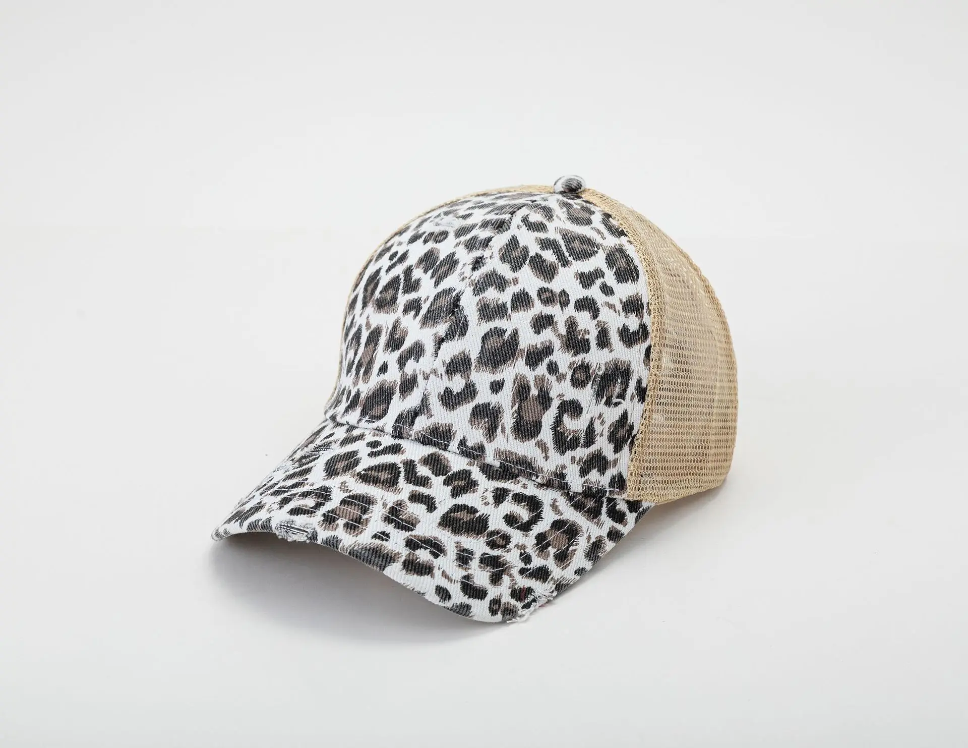 CrissCross Ponytail Hat Washed Distressed Mesh Womens Baseball Dad Hat Messy Bun Trucker Ponycap Leopard Ponytail Hat for Women