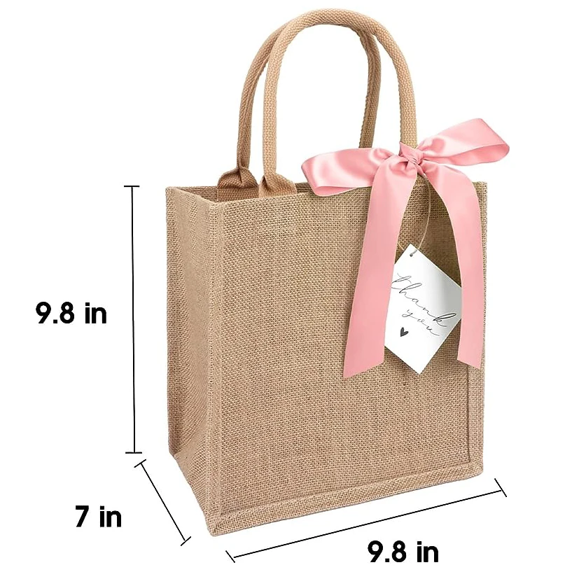 With Pink Ribbon Strap With Logo Printed Hessian Burlap Jute Tote Bag Wholesale For Advertising