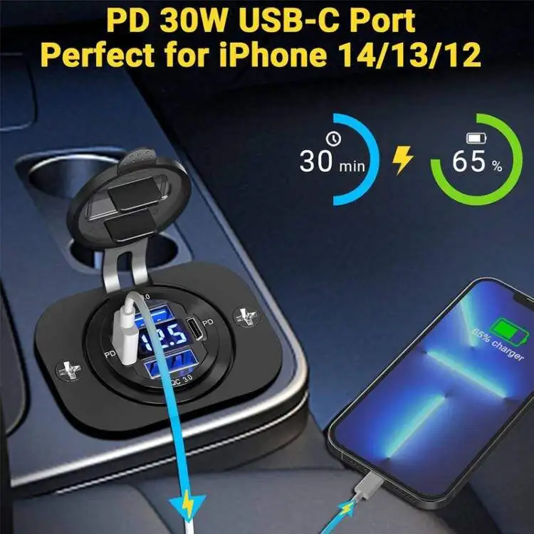 Quad-port USB and Type C Charger Socket Dual PD and Dual QC3.0 Fast Charging Triple Port Car Charger