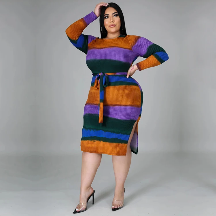 2021 Women Plus Size Fall Fashion Clothing Knit Patchwork Design Tie Wrap Up Stripe Print Long Sleeve Dress Slip Dresses