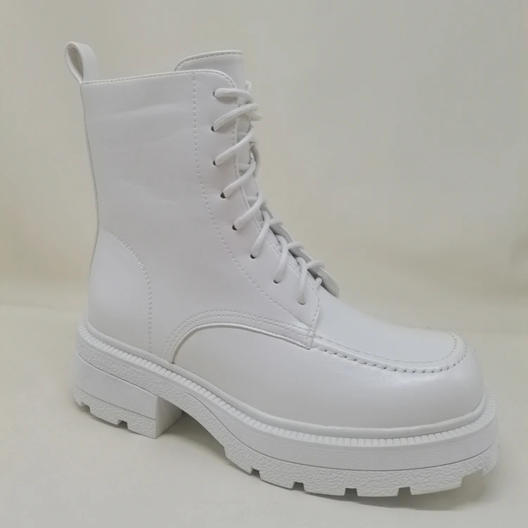 Combat Boots Women White PU Leather Motorcycle Boots Punk Gothic Shoes Fashion Lace Up Black Ankle Boots Female Shoes