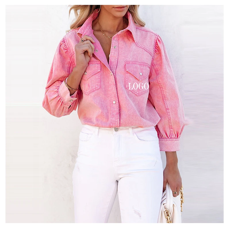 Y2K Clothing Distressed Washed Buttons Office Tops Korean Shirt Plus Size Luxury Oversize Women Blouse Fashion