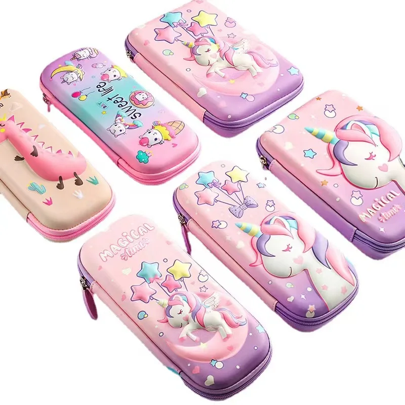 Custom Fashion Cute 3D Unicorn Leather Print EVA School Kids Pen Bag Case Pencil Case