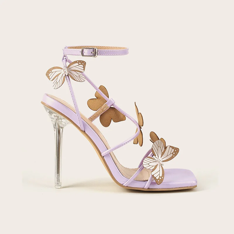 
ISEEYOUFIRST Shoes Woman Hot Selling New PU Leather Peep-Toe Crystal Heel Bowknots Sandals Stiletto High Heel Party Shoes Purple 