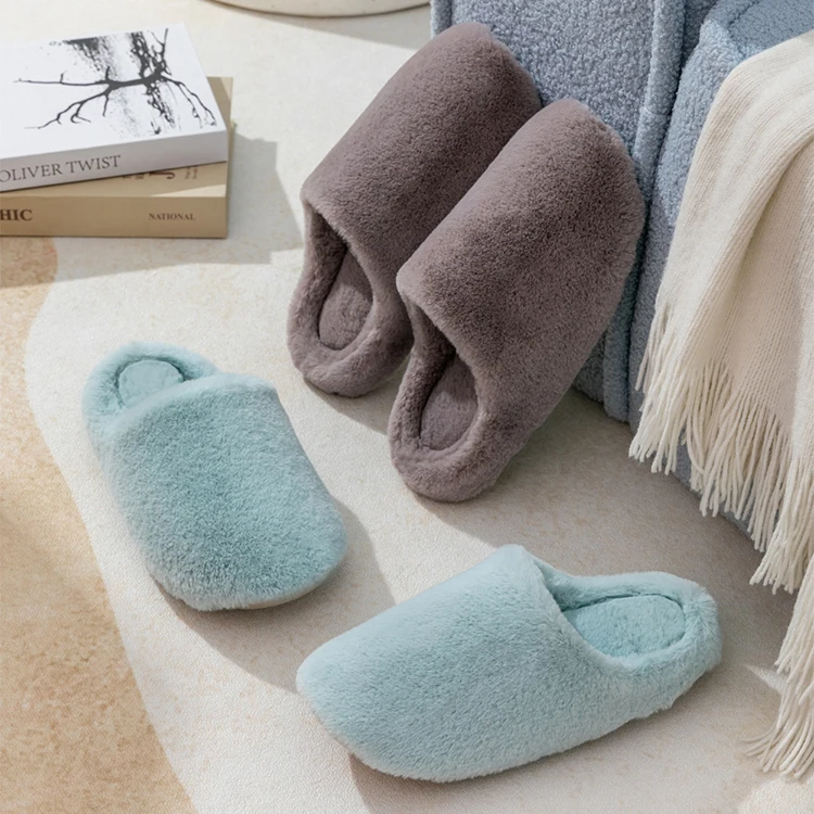 Couple Winter Warm Closed Toe Indoor Simple Solid Color Furry Faux Fur Microfiber Insole Fluffy Cushion Home Slippers