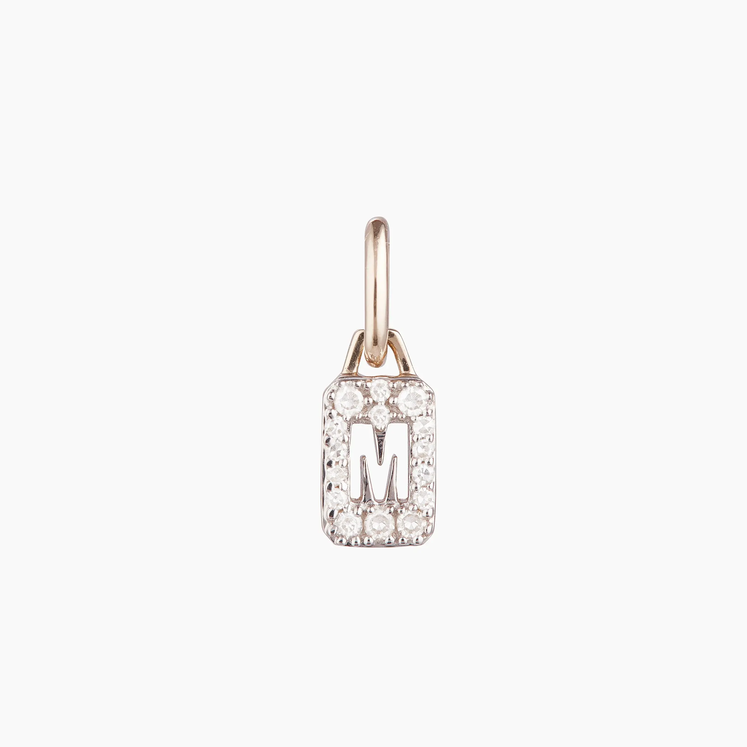 Rectangle 18K Gold Plated Tiny Micron Pave White CZ Tag 925 Sterling Silver Letter Pendant