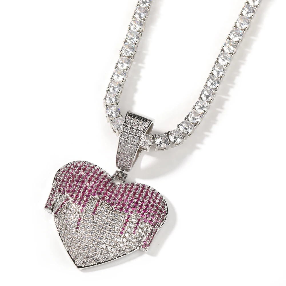 New Fashion Silver Plated Heart Pendant Two Tone Pink CZ Paved Iced Out Bling Heart Shape Necklace For Women Men