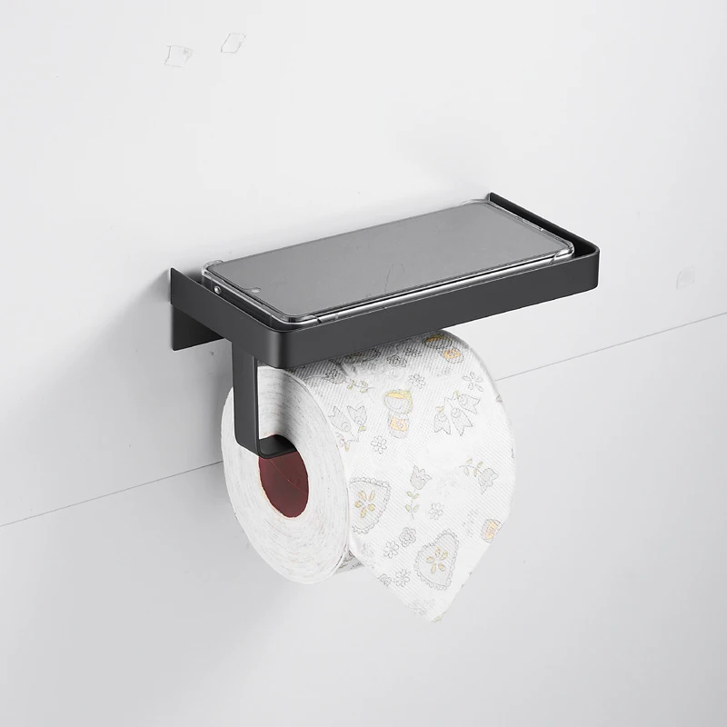 Toilet Tissue Paper Holder with Mobile Phone Storage Shelf Black SUS304 Stainless Steel Screw Wall Mounted Shelf