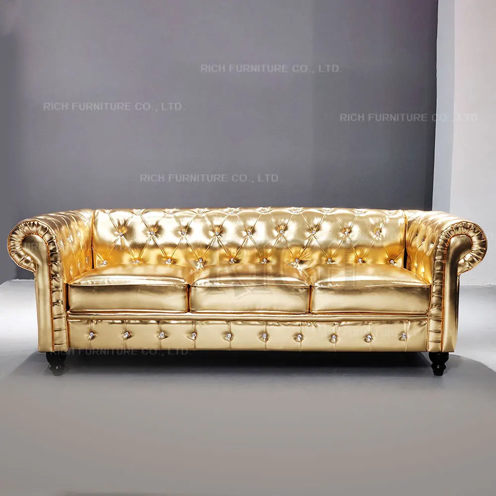 Modern furniture full Gold leather chesterfield sofa for living room shiny golden PU leather chesterfield-sofa
